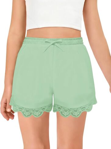 Haloumoning Girls Lace Trim Shorts Kids Cute Elastic Waist Mini Shorts with Pockets 5-14 Years in Kuwait