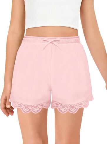 Haloumoning Girls Lace Trim Shorts Kids Cute Elastic Waist Mini Shorts with Pockets 5-14 Years in Kuwait