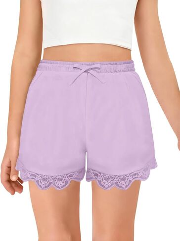Haloumoning Girls Lace Trim Shorts Kids Cute Elastic Waist Mini Shorts with Pockets 5-14 Years in Kuwait