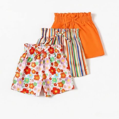 Girls Toddler Shorts 3-Pack, Floral Rainbow Stripe & Solid Summer Play Shorts with Elastic Waist4-7Y in Kuwait
