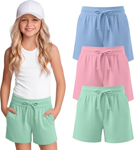 3 Pack Girls Shorts Athletic Summer Wide Elastic Waist Drawstring Casual Light Baggy Shorts Pockets Teens 5-14Y in Kuwait