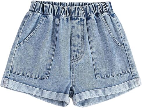 GORGLITTER Girl's Jean Shorts Elastic High Waist Baggy Denim Shorts Summer Preppy Wide Leg Bermudas with Pockets in Kuwait