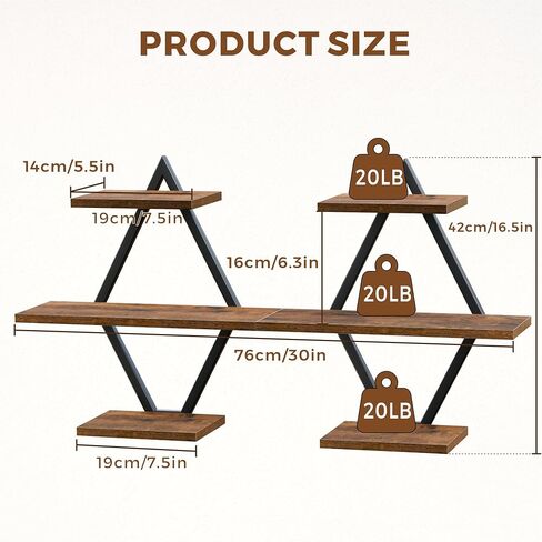 Floating Shelves, Wall Shelf Set of 2, Wall Mounted Shelves, 3-Tier Hanging Wall Shelves for Bathroom, Living Room, Bedroom, Kitchen, Office (Rustic Brown) in Saudi Arabia