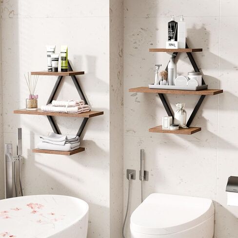 Floating Shelves, Wall Shelf Set of 2, Wall Mounted Shelves, 3-Tier Hanging Wall Shelves for Bathroom, Living Room, Bedroom, Kitchen, Office (Rustic Brown) in Saudi Arabia