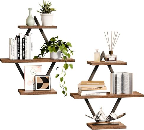 Floating Shelves, Wall Shelf Set of 2, Wall Mounted Shelves, 3-Tier Hanging Wall Shelves for Bathroom, Living Room, Bedroom, Kitchen, Office (Rustic Brown) in Saudi Arabia