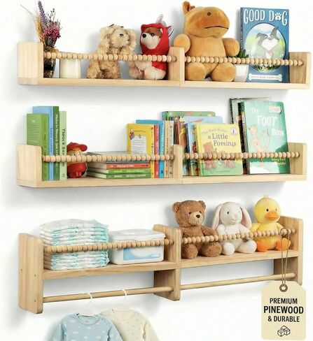 Nursery Shelves for Wall – Nursery Book Shelves with Hanging Rod – Set of 3 Wooden Wall-Mounted Shelves, Rounded Edges, Nursery Bookshelf for Kids Room Decor, 31.5" x 3.9" x 3.7" in Saudi Arabia