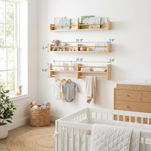 Nursery Shelves for Wall – Nursery Book Shelves with Hanging Rod – Set of 3 Wooden Wall-Mounted Shelves, Rounded Edges, Nursery Bookshelf for Kids Room Decor, 31.5" x 3.9" x 3.7" in Saudi Arabia