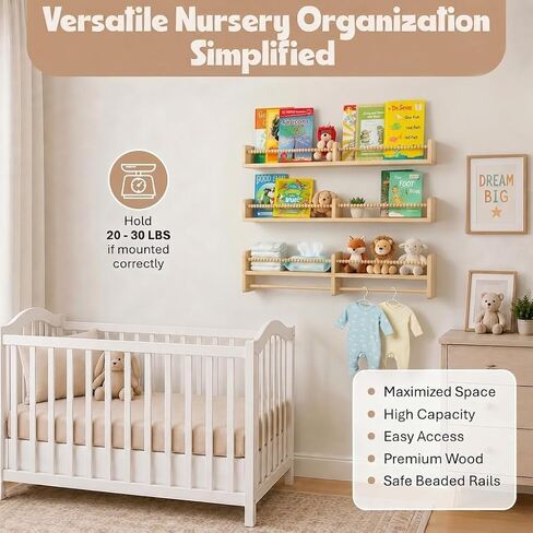 Nursery Shelves for Wall – Nursery Book Shelves with Hanging Rod – Set of 3 Wooden Wall-Mounted Shelves, Rounded Edges, Nursery Bookshelf for Kids Room Decor, 31.5" x 3.9" x 3.7" in Saudi Arabia