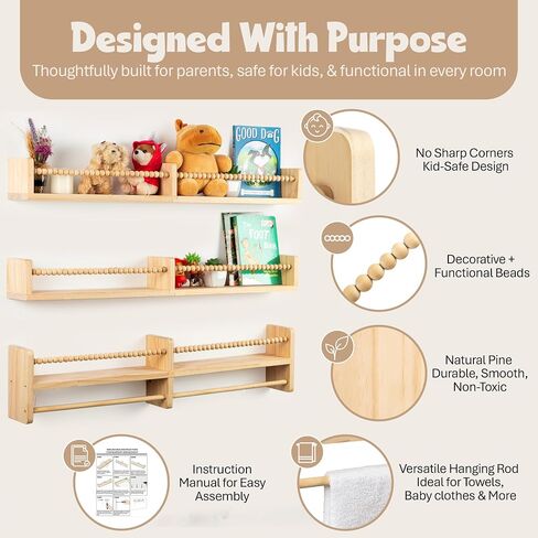 Nursery Shelves for Wall – Nursery Book Shelves with Hanging Rod – Set of 3 Wooden Wall-Mounted Shelves, Rounded Edges, Nursery Bookshelf for Kids Room Decor, 31.5" x 3.9" x 3.7" in Saudi Arabia