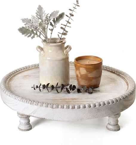 EOSAHR Pine Wood Round Display Riser for Home Decor – Beaded Pedestal Tray for Bathroom Decor, Coffee Table, Soap Dispenser, Plants – Farmhouse New Home Essential(Green) in Saudi Arabia