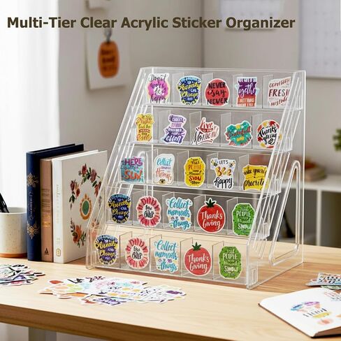 Bookmark Display Stand for 2.5''Bookmark, 5 Tier 25 Pockets Clear Acrylic Sticker Holder for Vendor Events Retail, Portable Stamp Display Shelf Rack in Saudi Arabia