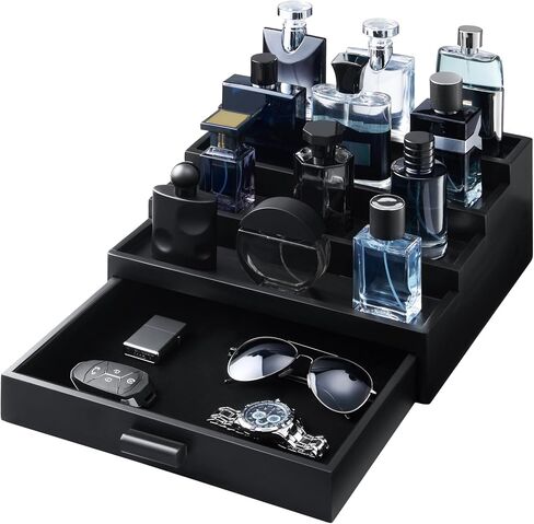 Cologne Organizer for Men – 4 Tier Wooden Cologne Stand with Premium Velvet Drawer, Cologne Shelf, Perfume Fragrance Organizer & Display Holder for Dresser, Father's Day, Black in Kuwait