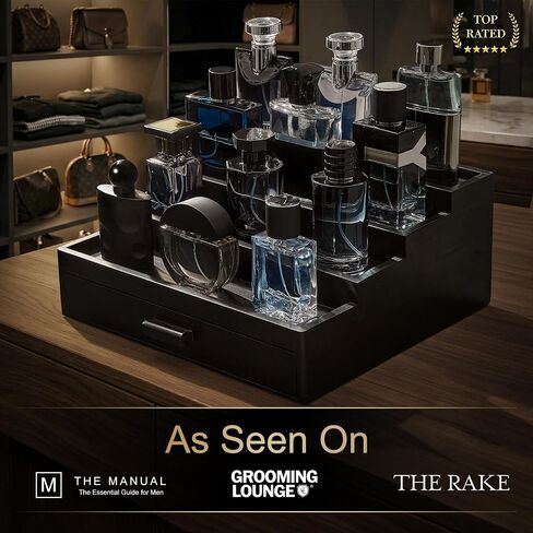 Cologne Organizer for Men – 4 Tier Wooden Cologne Stand with Premium Velvet Drawer, Cologne Shelf, Perfume Fragrance Organizer & Display Holder for Dresser, Father's Day, Black in Kuwait