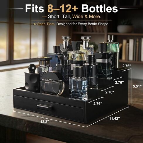 Cologne Organizer for Men – 4 Tier Wooden Cologne Stand with Premium Velvet Drawer, Cologne Shelf, Perfume Fragrance Organizer & Display Holder for Dresser, Father's Day, Black in Kuwait