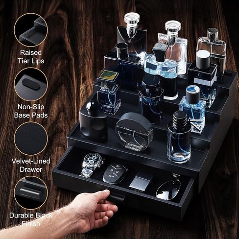 Cologne Organizer for Men – 4 Tier Wooden Cologne Stand with Premium Velvet Drawer, Cologne Shelf, Perfume Fragrance Organizer & Display Holder for Dresser, Father's Day, Black in Kuwait