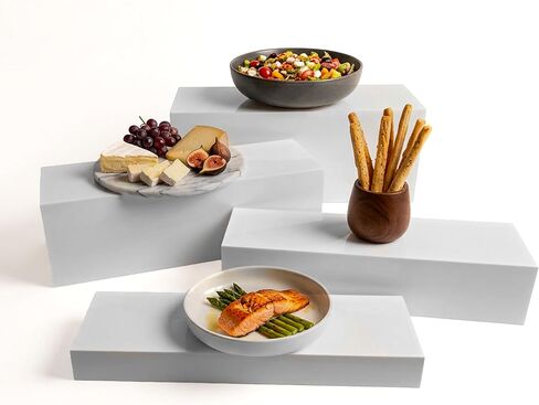 4cs Large Rectangle White Acrylic Buffet Riser Set Sizes (13" to 15") - Buffet Risers for Buffet Table, Display Stand Shelf for Catering Dessert Collectibles Jewelry Figures Show, Stackable Food Risers With Hollow Bottoms in Kuwait