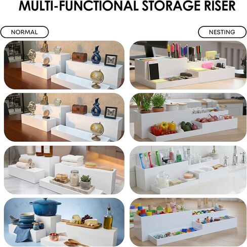 4cs Large Rectangle White Acrylic Buffet Riser Set Sizes (13" to 15") - Buffet Risers for Buffet Table, Display Stand Shelf for Catering Dessert Collectibles Jewelry Figures Show, Stackable Food Risers With Hollow Bottoms in Kuwait