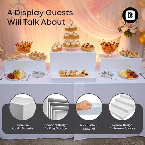 4cs Large Rectangle White Acrylic Buffet Riser Set Sizes (13" to 15") - Buffet Risers for Buffet Table, Display Stand Shelf for Catering Dessert Collectibles Jewelry Figures Show, Stackable Food Risers With Hollow Bottoms in Kuwait