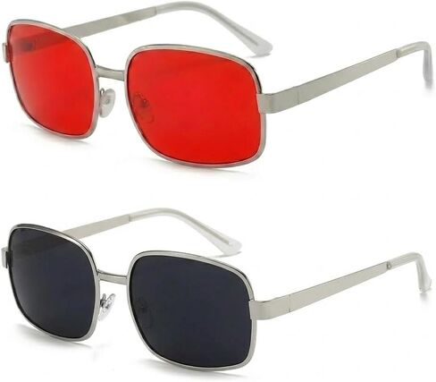 2 Pairs Red and Black Lens Sunglasses for Men Women Retro Square Metal Frame Tinted HD Lenses Vintage Eyewear for 90s Movie Cosplay and Halloween Costume (Red&Black) in Kuwait