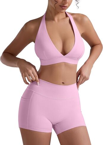 2 Piece Workout Sets for Women V Neck Halter Sports Bra High Waist Workout Booty Shorts with Pockets Gym Sets Outfits in Saudi Arabia