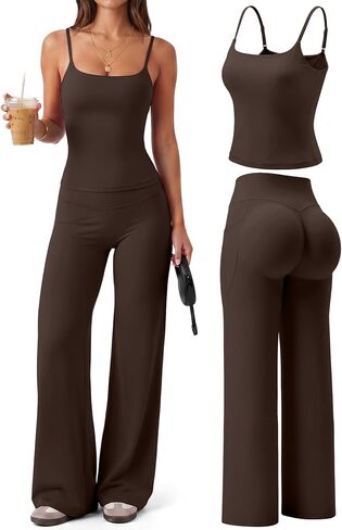 Coume Women 2 Piece Workout Sets Padded Camisole Tank Tops Straight Wide Leg Leggings Pants with Pocket Gym Yoga Outfits in Kuwait