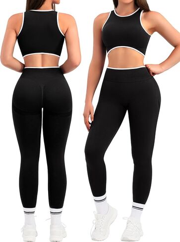 Relety Womens Workout Sets 2 Piece Seamless Crop Tank Top High Waist Leggings Contrast Trim Padded Racerback Bra Yoga Outfits in Saudi Arabia
