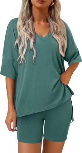 Magritta Women Two Piece Lounge Set Summer Casual Loose Fit Shirts Elastic Waist Biker Shorts Matching Airport Travel Outfit in Kuwait