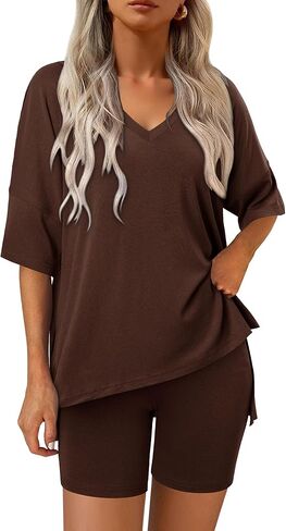 Magritta Women Two Piece Lounge Set Summer Casual Loose Fit Shirts Elastic Waist Biker Shorts Matching Airport Travel Outfit in Kuwait