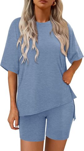 Magritta Women Two Piece Lounge Set Summer Casual Loose Fit Shirts Elastic Waist Biker Shorts Matching Airport Travel Outfit in Kuwait