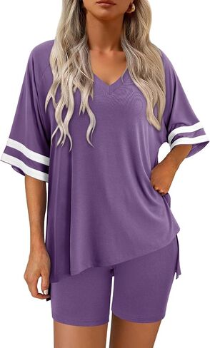 Magritta Women Two Piece Lounge Set Summer Casual Loose Fit Shirts Elastic Waist Biker Shorts Matching Airport Travel Outfit in Kuwait