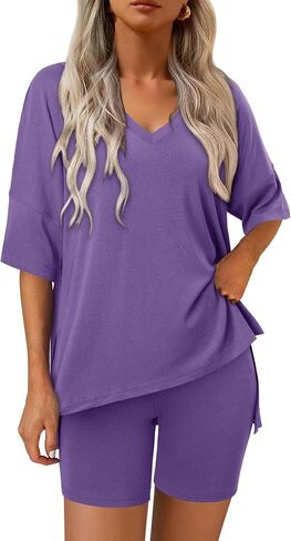 Magritta Women Two Piece Lounge Set Summer Casual Loose Fit Shirts Elastic Waist Biker Shorts Matching Airport Travel Outfit in Kuwait