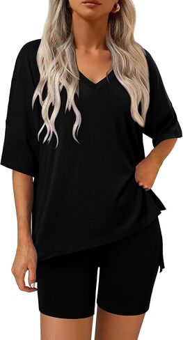 Magritta Women Two Piece Lounge Set Summer Casual Loose Fit Shirts Elastic Waist Biker Shorts Matching Airport Travel Outfit in Kuwait
