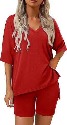 Magritta Women Two Piece Lounge Set Summer Casual Loose Fit Shirts Elastic Waist Biker Shorts Matching Airport Travel Outfit in Kuwait