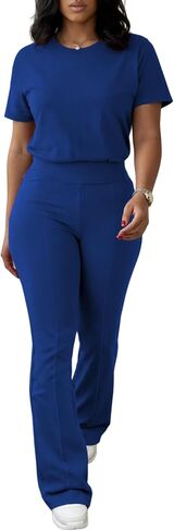 Ulovmi Two Piece Outfits For Women Short Sleeve Top Flared Pants Tracksuit Jogger Set in Kuwait