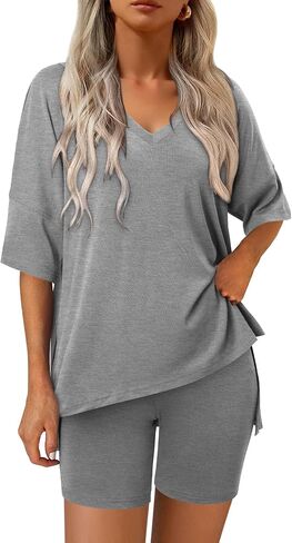 Magritta Women Two Piece Lounge Set Summer Casual Loose Fit Shirts Elastic Waist Biker Shorts Matching Airport Travel Outfit in Kuwait