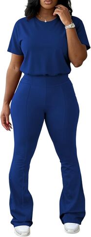 Ulovmi Two Piece Outfits For Women Short Sleeve Top Flared Pants Tracksuit Jogger Set in Kuwait