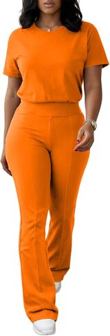 Ulovmi Two Piece Outfits For Women Short Sleeve Top Flared Pants Tracksuit Jogger Set in Kuwait