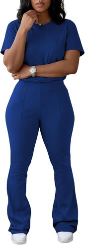 Ulovmi Two Piece Outfits For Women Short Sleeve Top Flared Pants Tracksuit Jogger Set in Kuwait