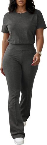 Ulovmi Two Piece Outfits For Women Short Sleeve Top Flared Pants Tracksuit Jogger Set in Kuwait