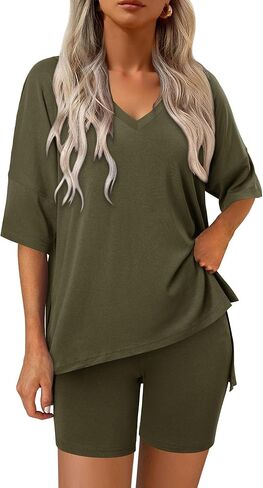 Magritta Women Two Piece Lounge Set Summer Casual Loose Fit Shirts Elastic Waist Biker Shorts Matching Airport Travel Outfit in Kuwait