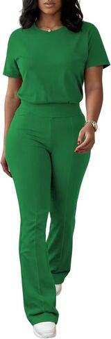 Ulovmi Two Piece Outfits For Women Short Sleeve Top Flared Pants Tracksuit Jogger Set in Kuwait