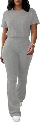 Ulovmi Two Piece Outfits For Women Short Sleeve Top Flared Pants Tracksuit Jogger Set in Kuwait