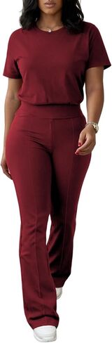 Ulovmi Two Piece Outfits For Women Short Sleeve Top Flared Pants Tracksuit Jogger Set in Kuwait
