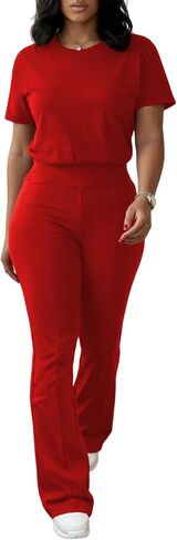 Ulovmi Two Piece Outfits For Women Short Sleeve Top Flared Pants Tracksuit Jogger Set in Kuwait