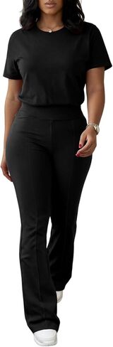 Ulovmi Two Piece Outfits For Women Short Sleeve Top Flared Pants Tracksuit Jogger Set in Kuwait