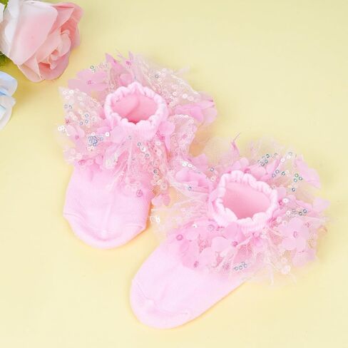 Pistha Girls Ruffle Frilly Lace Socks Sparkle Sequins Flowers Dress Socks for Toddler and Baby Girls in Kuwait