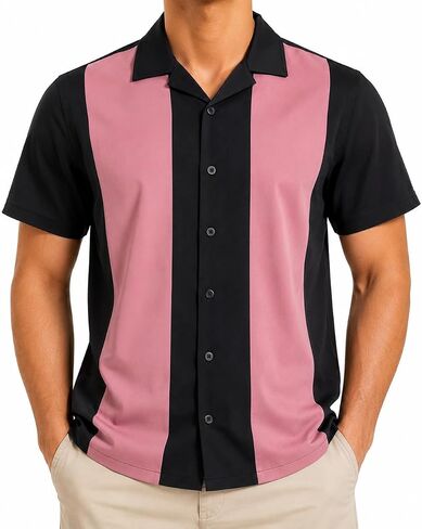 Men's Bowling Shirt Vintage Retro Short Sleeve Button Down, Color Block Stripe Camp Collar Casual Beach Vacation Shirt in Kuwait