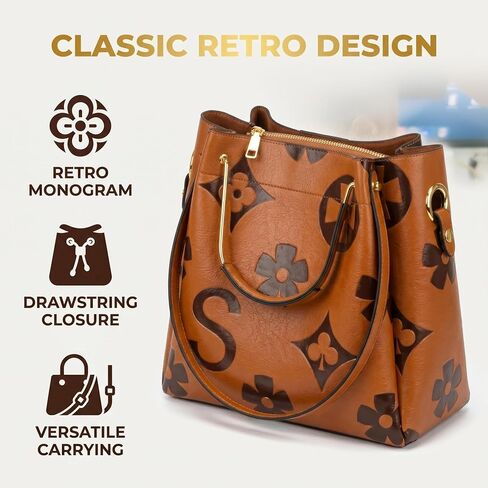 [GAKORRIO] Women's Retro Monogram Crossbody Bag Premium Vegan Leather Shoulder Handbag with Drawstring, Classic Vintage Top-Handle Satchel Tote Purse for Daily Work Travel (12.6" L x 7" W x 11.4" H) in Kuwait