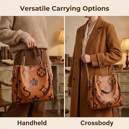 [GAKORRIO] Women's Retro Monogram Crossbody Bag Premium Vegan Leather Shoulder Handbag with Drawstring, Classic Vintage Top-Handle Satchel Tote Purse for Daily Work Travel (12.6" L x 7" W x 11.4" H) in Kuwait