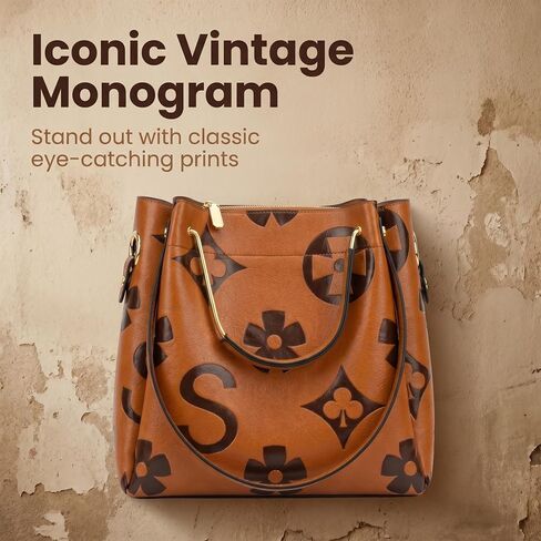[GAKORRIO] Women's Retro Monogram Crossbody Bag Premium Vegan Leather Shoulder Handbag with Drawstring, Classic Vintage Top-Handle Satchel Tote Purse for Daily Work Travel (12.6" L x 7" W x 11.4" H) in Kuwait